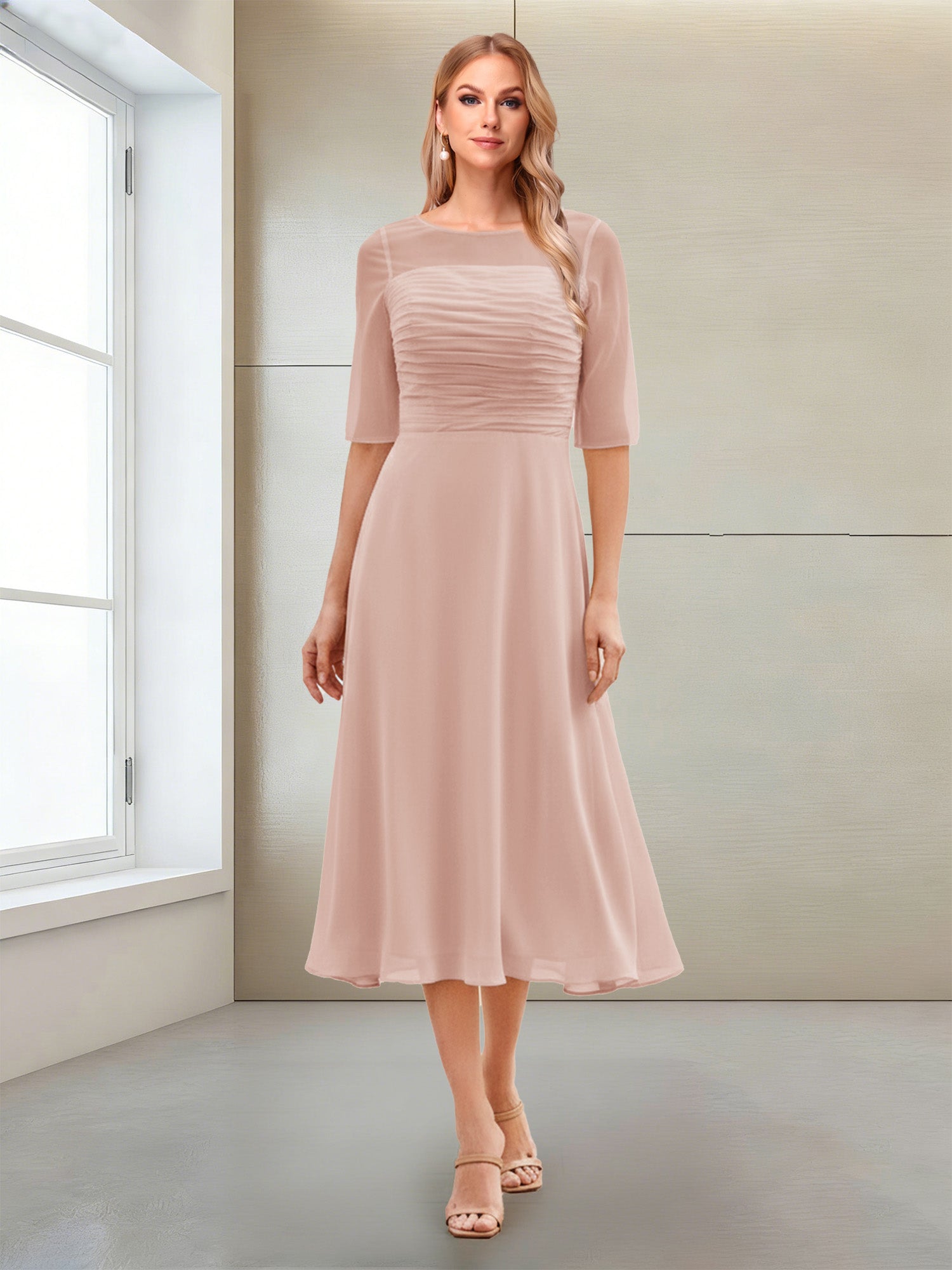 A-Line/Princess Scoop Half Sleeves Tea-Length Mother of the Bride Dresses with Ruched