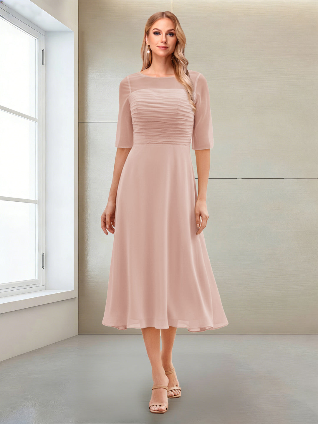 A-Line/Princess Scoop Half Sleeves Tea-Length Mother of the Bride Dresses with Ruched