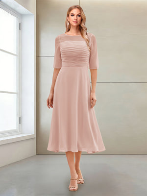 A-Line/Princess Scoop Half Sleeves Tea-Length Mother of the Bride Dresses with Ruched