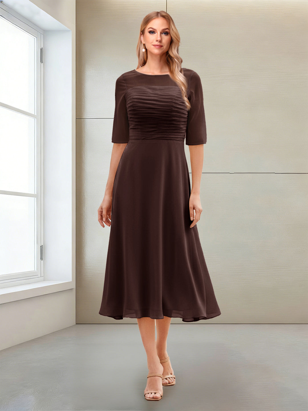A-Line/Princess Scoop Half Sleeves Tea-Length Mother of the Bride Dresses with Ruched