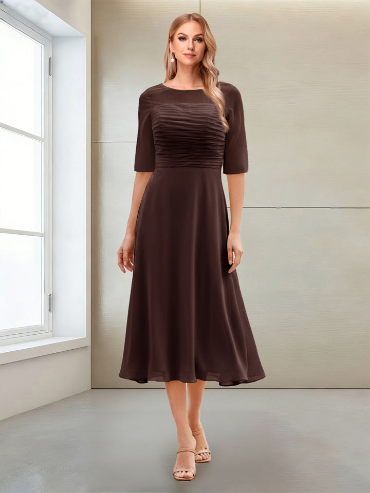 A-Line/Princess Scoop Half Sleeves Tea-Length Mother of the Bride Dresses with Ruched