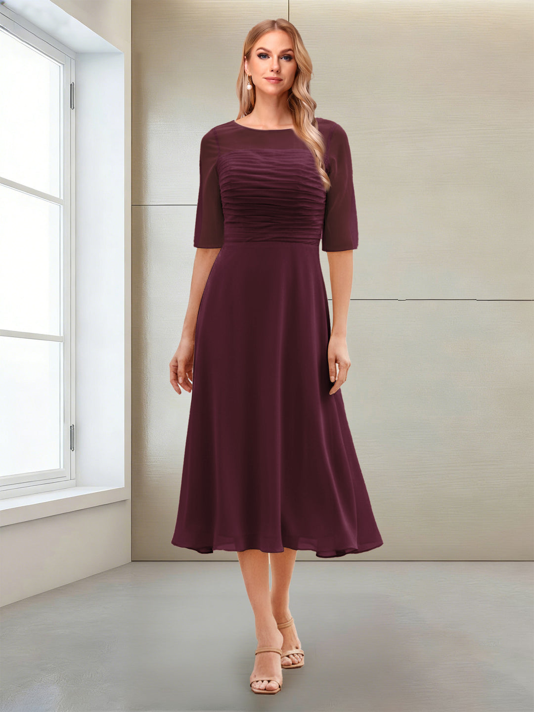 A-Line/Princess Scoop Half Sleeves Tea-Length Mother of the Bride Dresses with Ruched