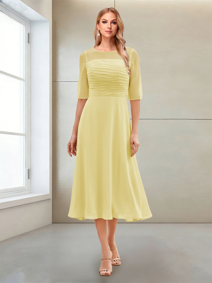 A-Line/Princess Scoop Half Sleeves Tea-Length Mother of the Bride Dresses with Ruched