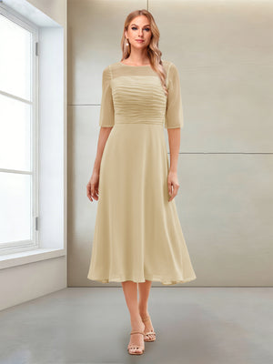 A-Line/Princess Scoop Half Sleeves Tea-Length Mother of the Bride Dresses with Ruched
