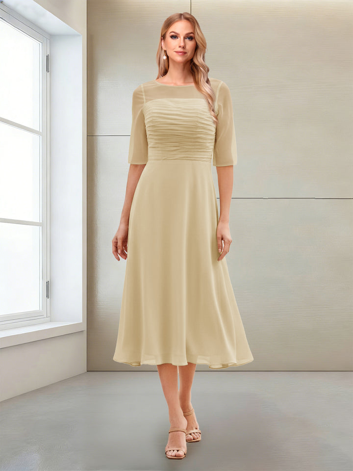 A-Line/Princess Scoop Half Sleeves Tea-Length Mother of the Bride Dresses with Ruched