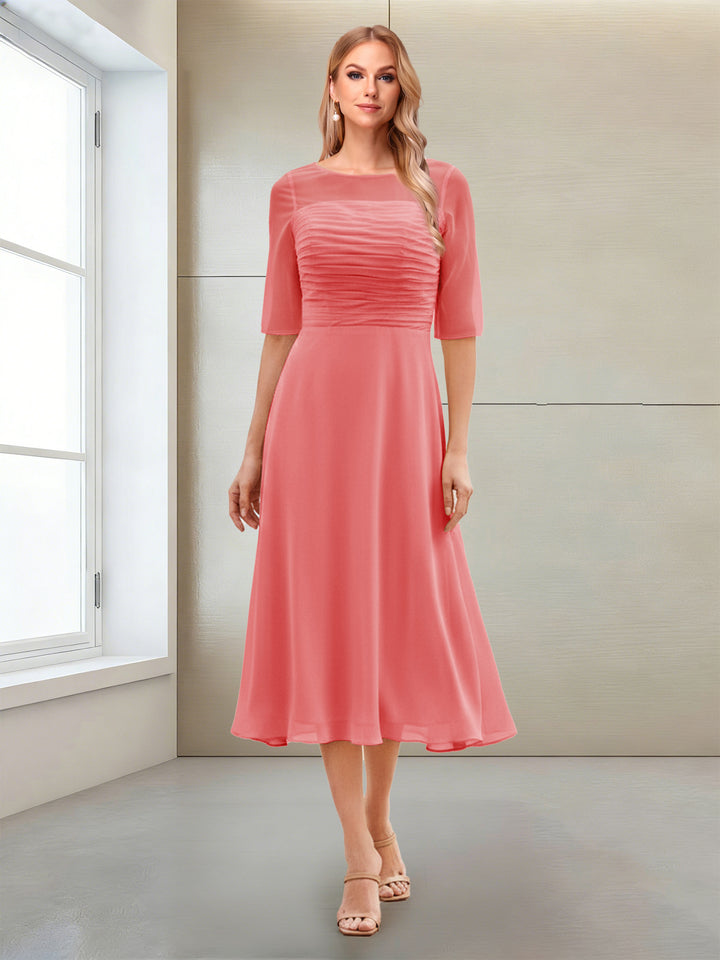 A-Line/Princess Scoop Half Sleeves Tea-Length Mother of the Bride Dresses with Ruched