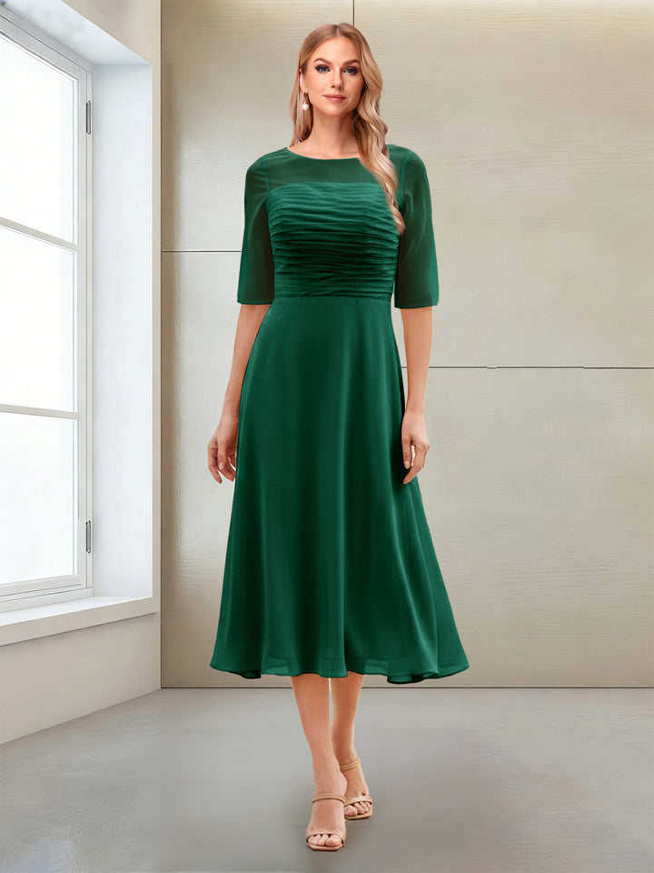 A-Line/Princess Scoop Half Sleeves Tea-Length Mother of the Bride Dresses with Ruched
