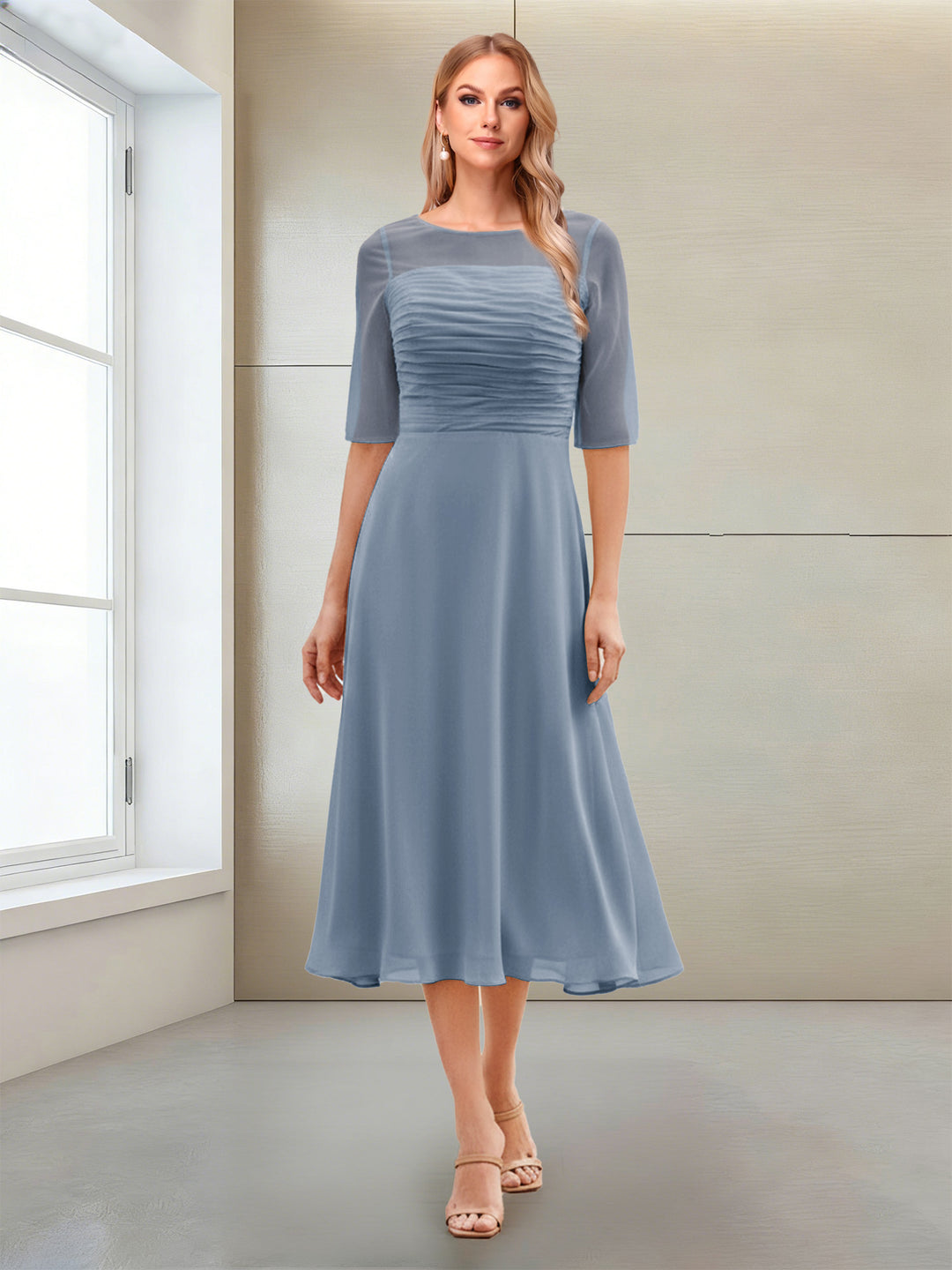 A-Line/Princess Scoop Half Sleeves Tea-Length Mother of the Bride Dresses with Ruched