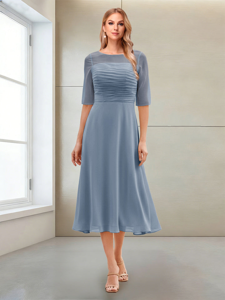 A-Line/Princess Scoop Half Sleeves Tea-Length Mother of the Bride Dresses with Ruched