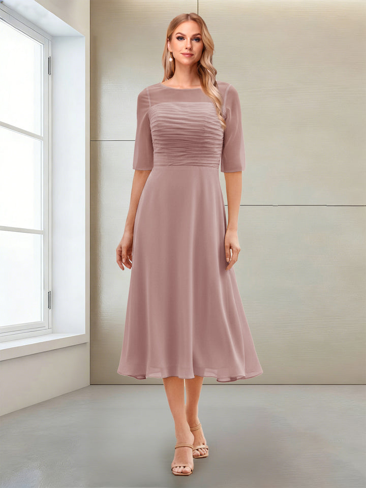 A-Line/Princess Scoop Half Sleeves Tea-Length Mother of the Bride Dresses with Ruched