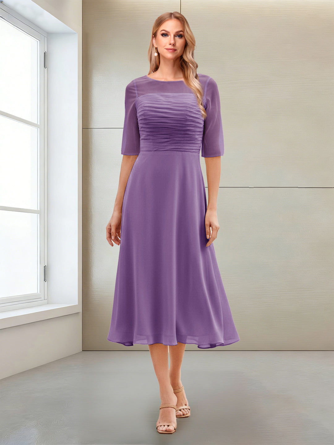 A-Line/Princess Scoop Half Sleeves Tea-Length Mother of the Bride Dresses with Ruched