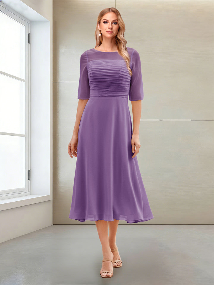 A-Line/Princess Scoop Half Sleeves Tea-Length Mother of the Bride Dresses with Ruched