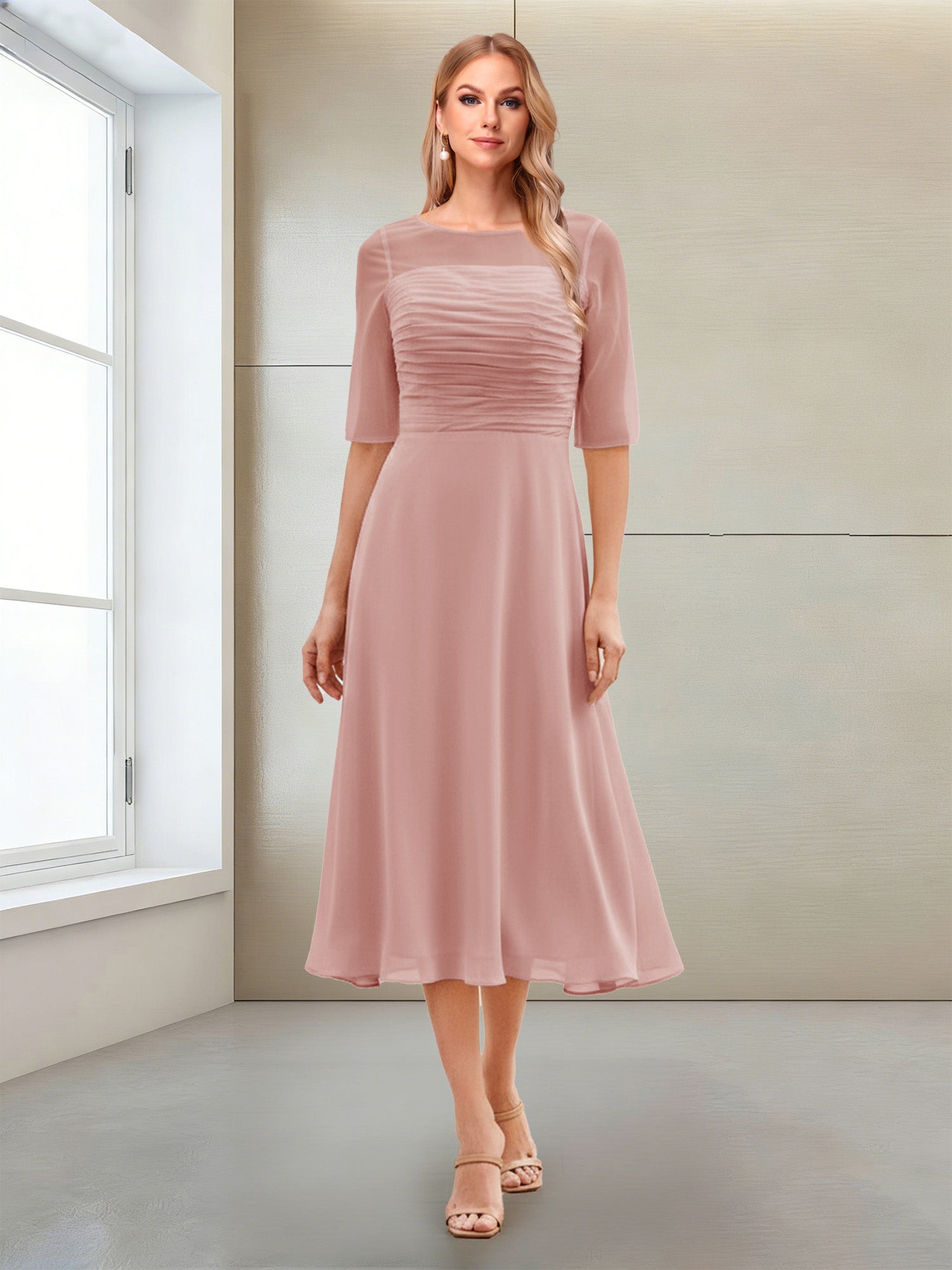 A-Line/Princess Scoop Half Sleeves Tea-Length Mother of the Bride Dresses with Ruched