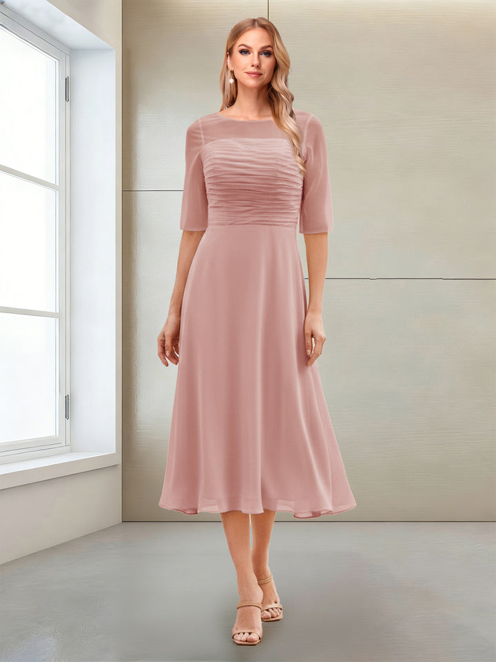 A-Line/Princess Scoop Half Sleeves Tea-Length Mother of the Bride Dresses with Ruched