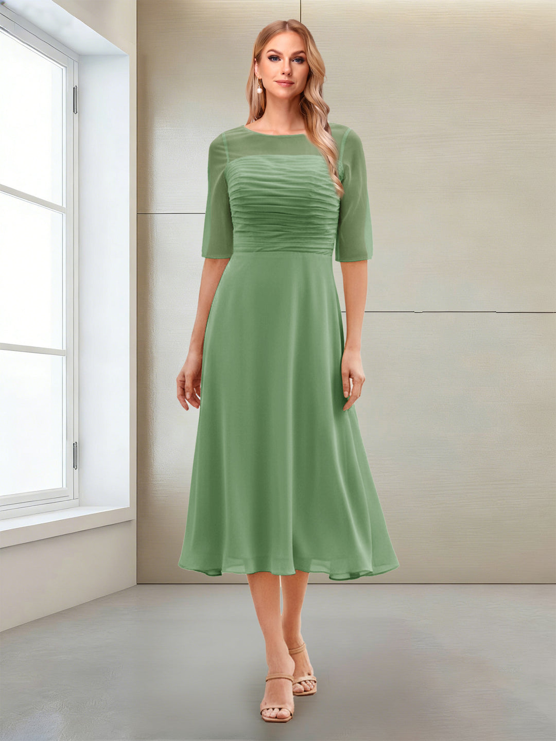 A-Line/Princess Scoop Half Sleeves Tea-Length Mother of the Bride Dresses with Ruched
