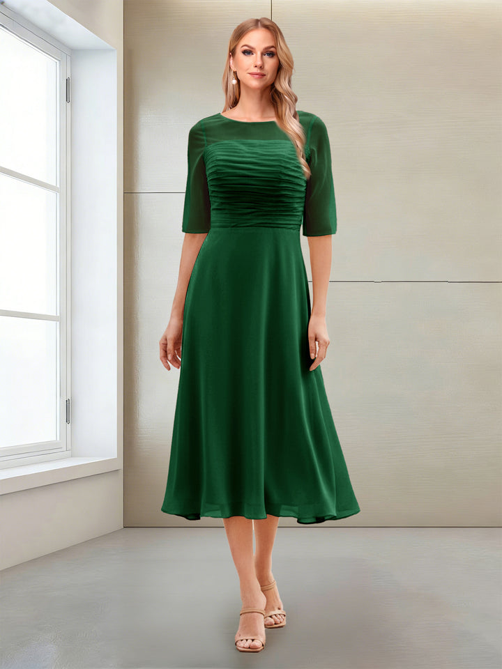 A-Line/Princess Scoop Half Sleeves Tea-Length Mother of the Bride Dresses with Ruched