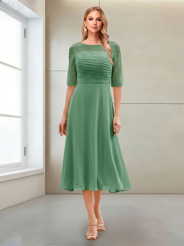 A-Line/Princess Scoop Half Sleeves Tea-Length Mother of the Bride Dresses with Ruched