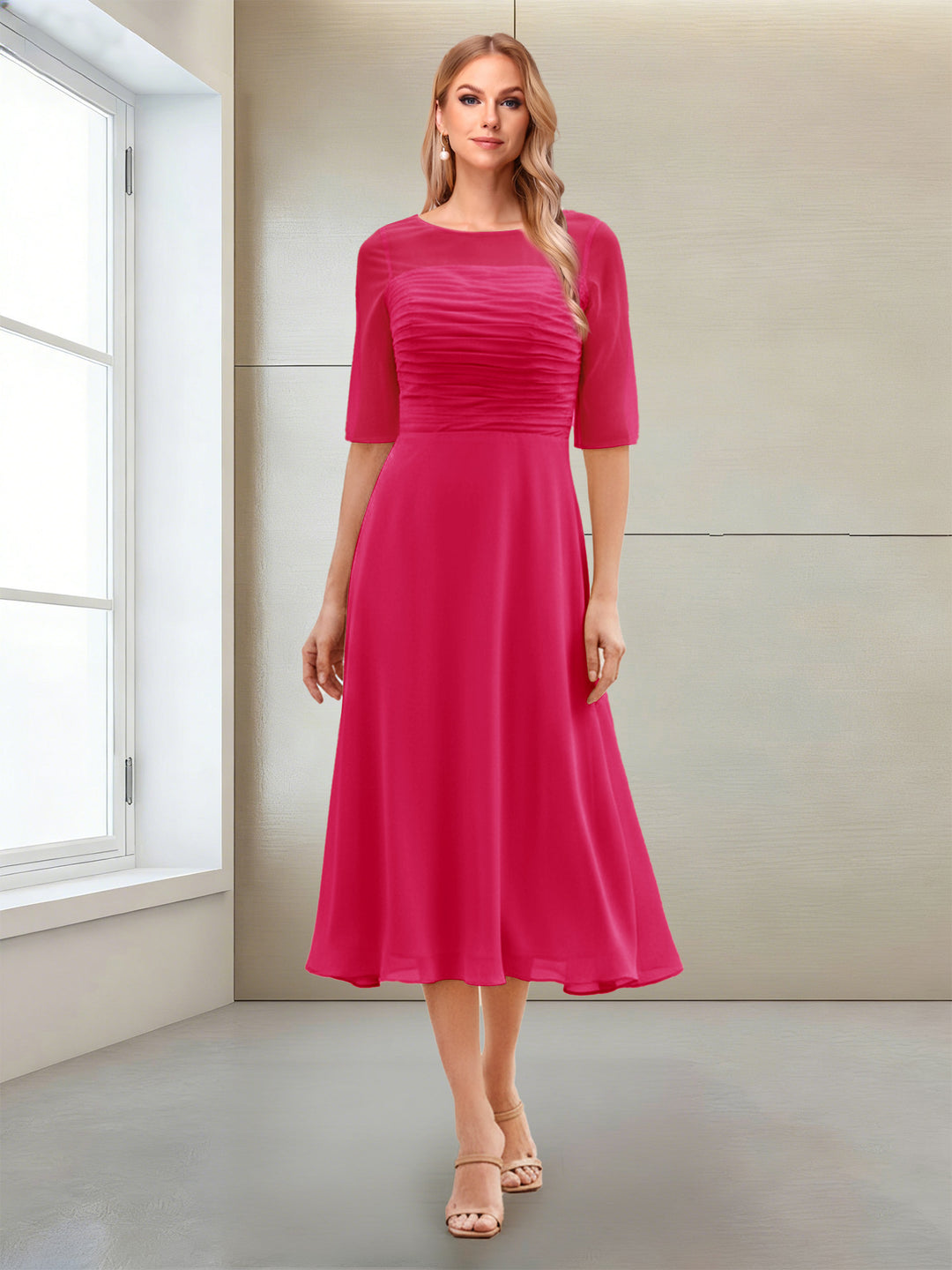 A-Line/Princess Scoop Half Sleeves Tea-Length Mother of the Bride Dresses with Ruched