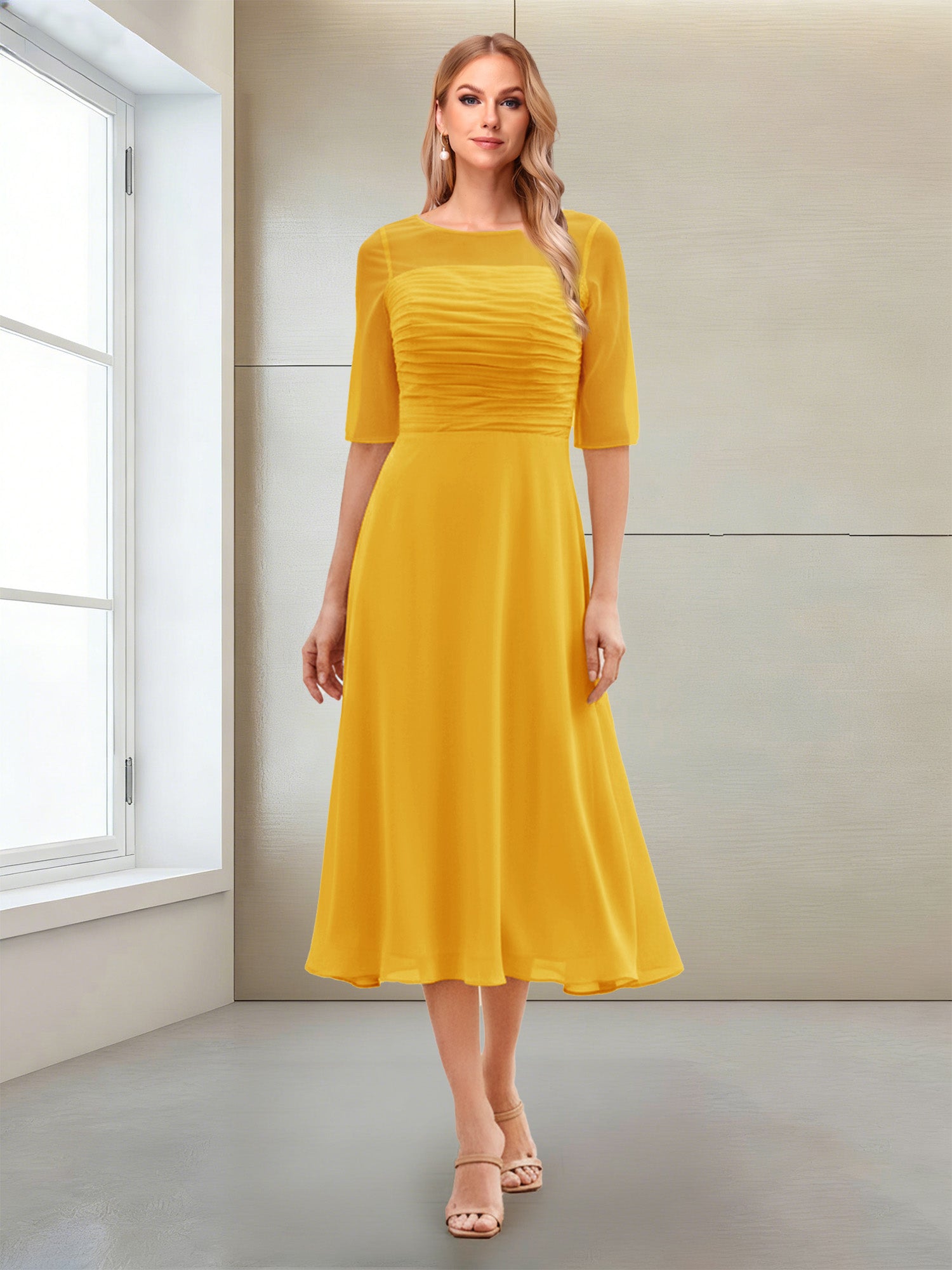 A-Line/Princess Scoop Half Sleeves Tea-Length Mother of the Bride Dresses with Ruched