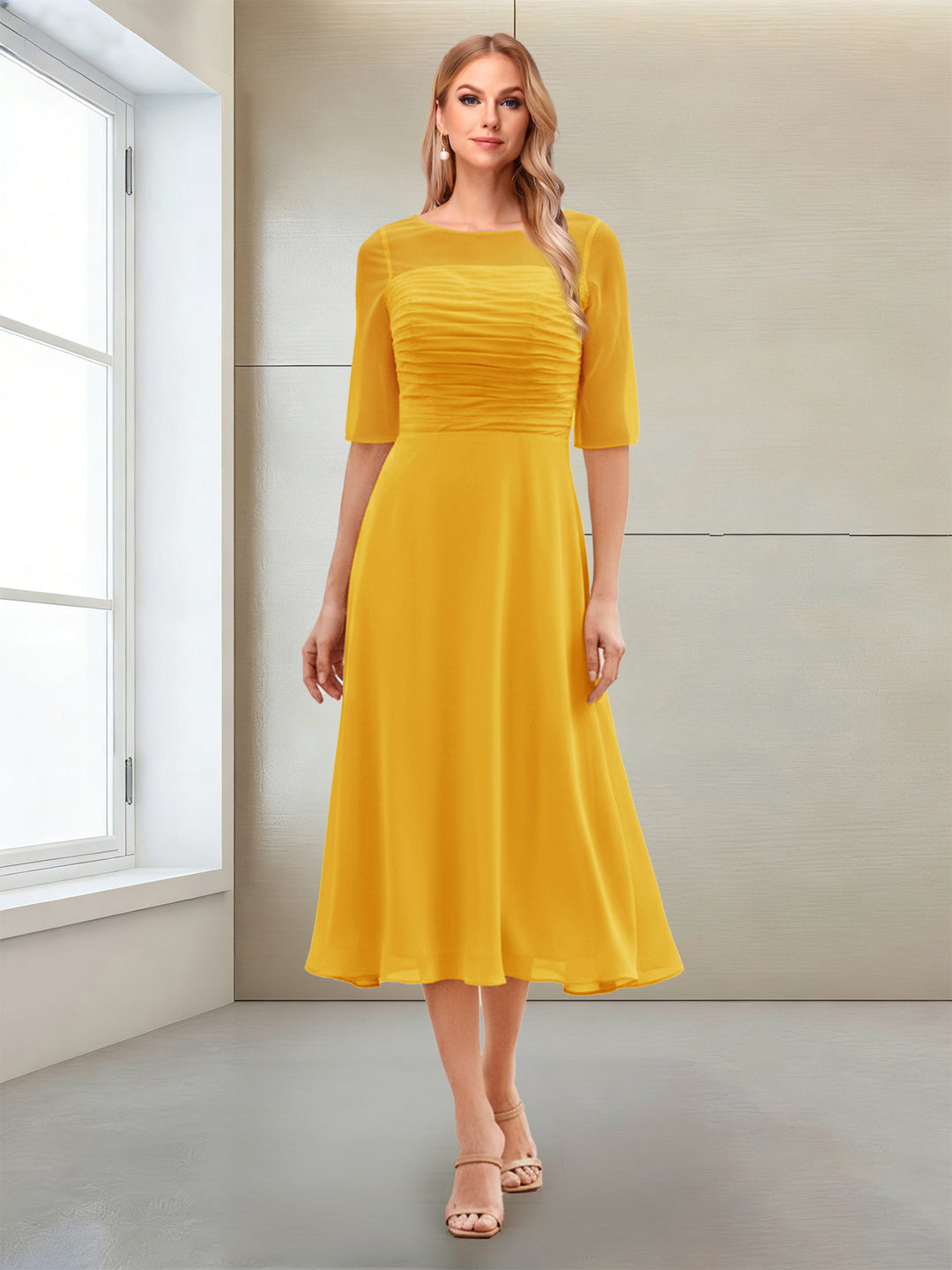 A-Line/Princess Scoop Half Sleeves Tea-Length Mother of the Bride Dresses with Ruched