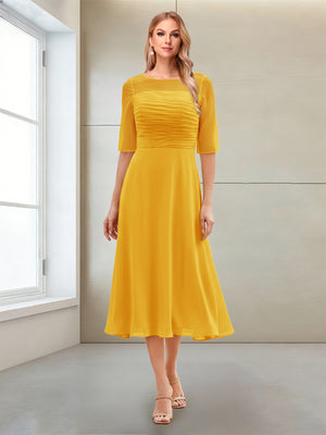 A-Line/Princess Scoop Half Sleeves Tea-Length Mother of the Bride Dresses with Ruched