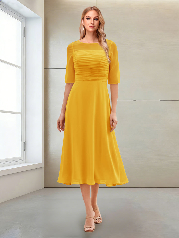 A-Line/Princess Scoop Half Sleeves Tea-Length Mother of the Bride Dresses with Ruched