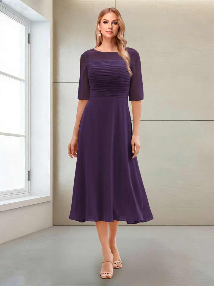 A-Line/Princess Scoop Half Sleeves Tea-Length Mother of the Bride Dresses with Ruched