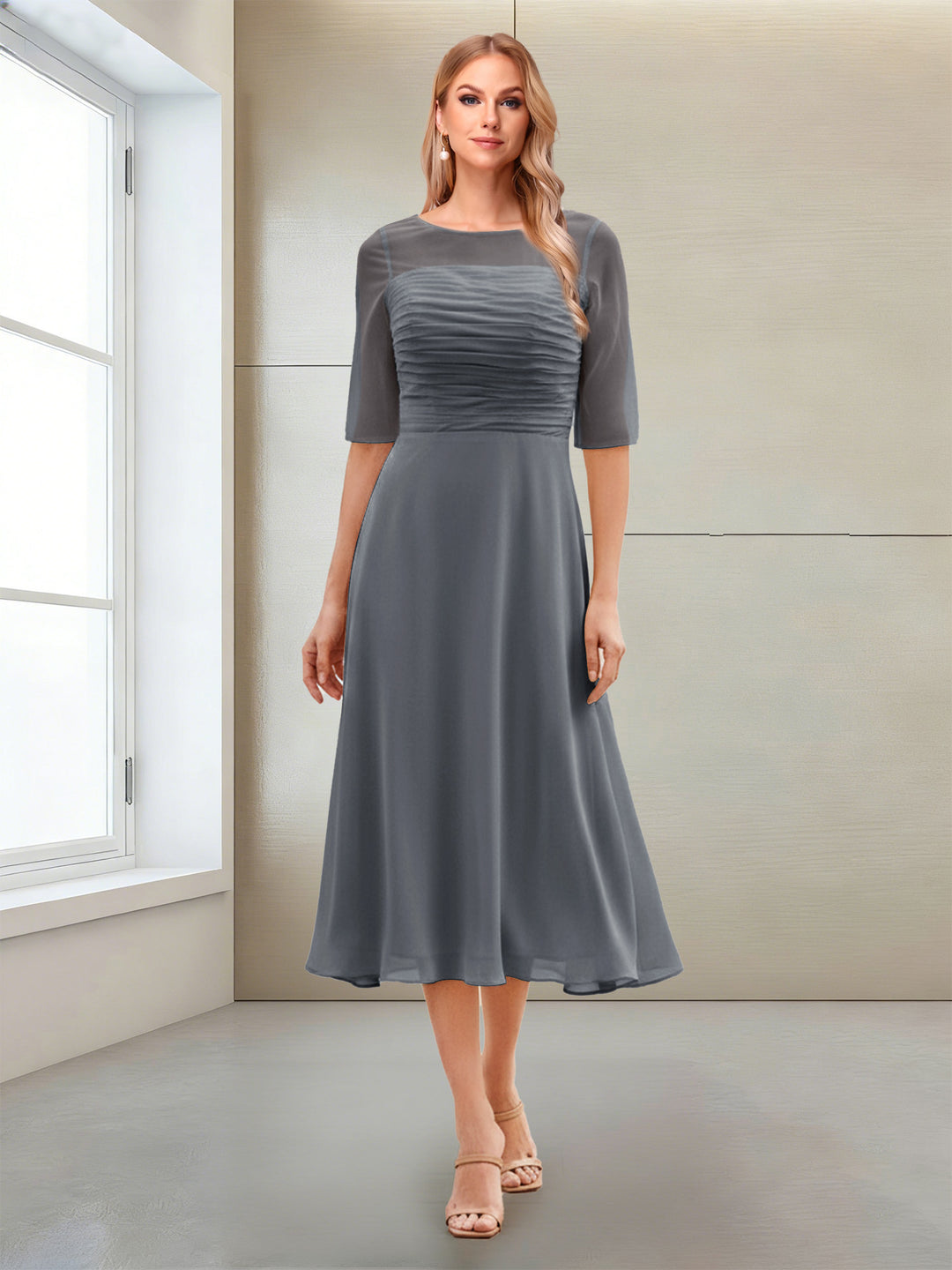 A-Line/Princess Scoop Half Sleeves Tea-Length Mother of the Bride Dresses with Ruched