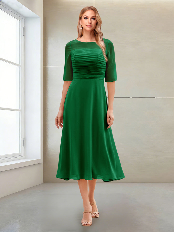 A-Line/Princess Scoop Half Sleeves Tea-Length Mother of the Bride Dresses with Ruched