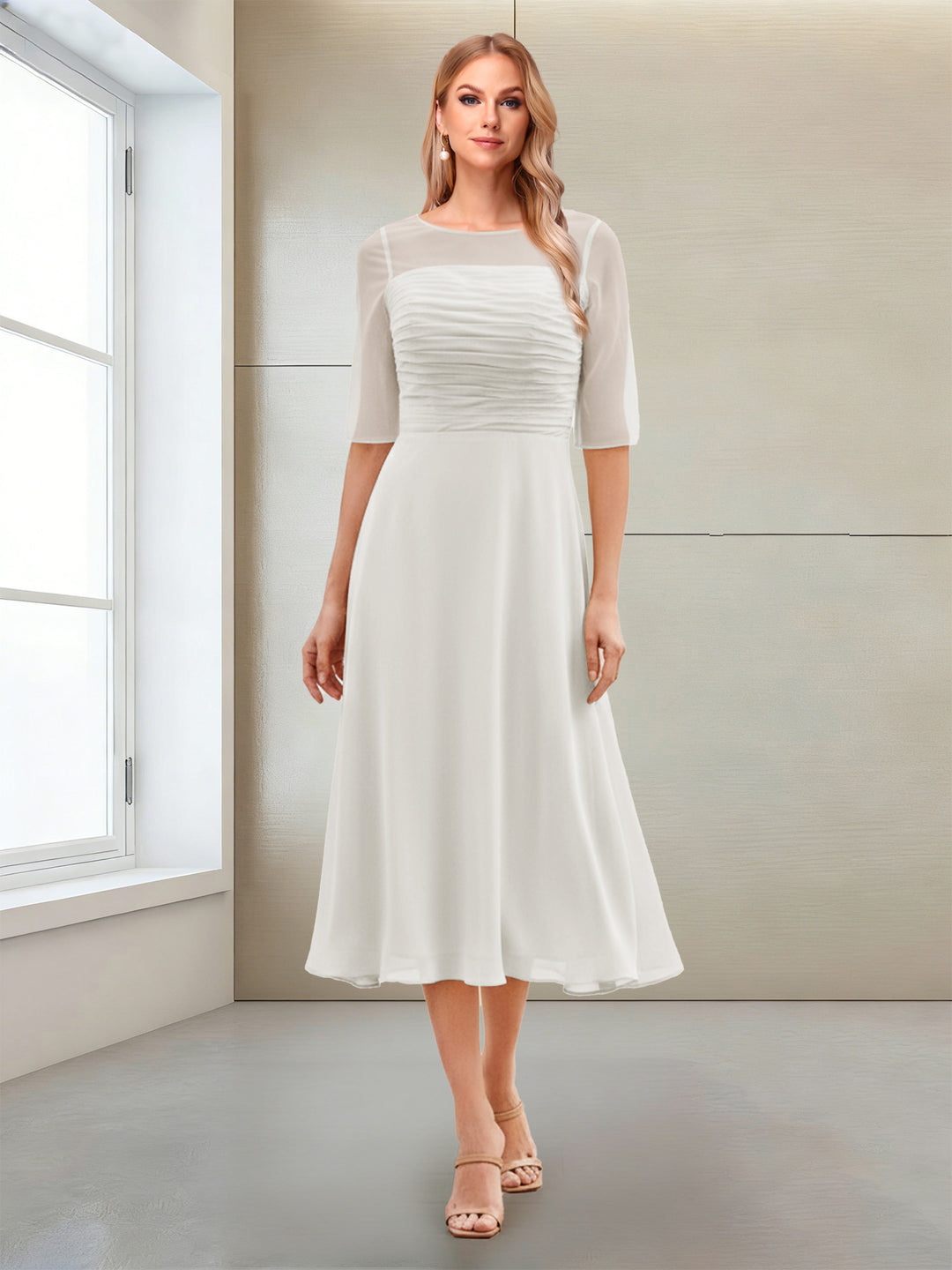 A-Line/Princess Scoop Half Sleeves Tea-Length Mother of the Bride Dresses with Ruched