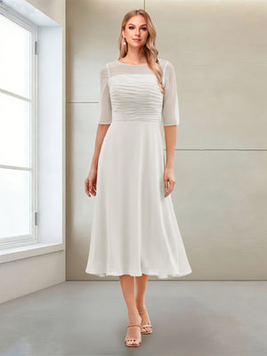 A-Line/Princess Scoop Half Sleeves Tea-Length Mother of the Bride Dresses with Ruched