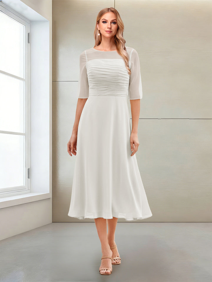 A-Line/Princess Scoop Half Sleeves Tea-Length Mother of the Bride Dresses with Ruched
