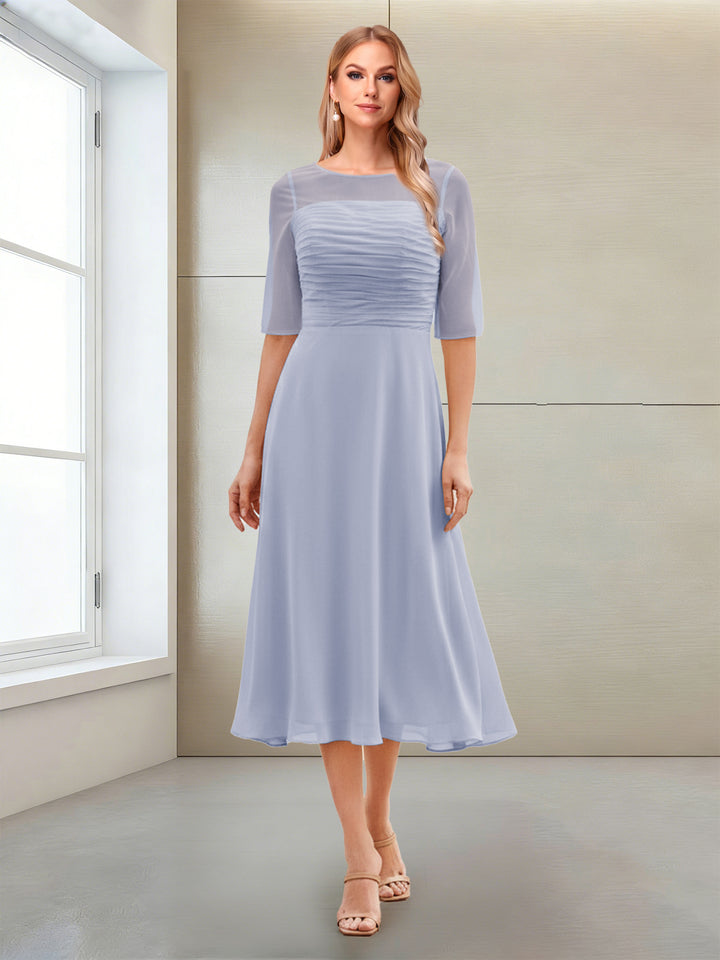 A-Line/Princess Scoop Half Sleeves Tea-Length Mother of the Bride Dresses with Ruched
