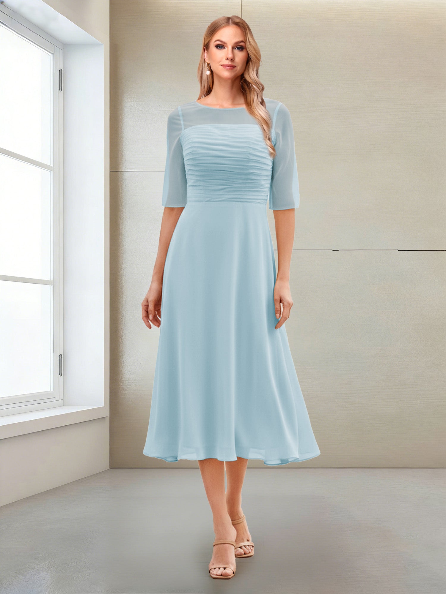 A-Line/Princess Scoop Half Sleeves Tea-Length Mother of the Bride Dresses with Ruched