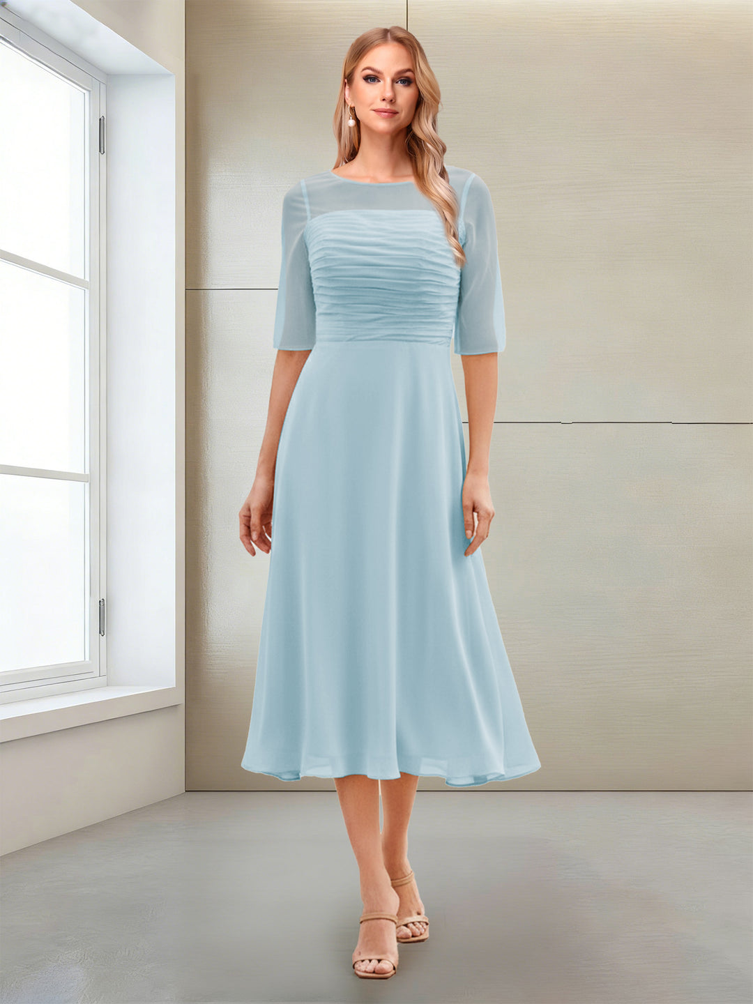 A-Line/Princess Scoop Half Sleeves Tea-Length Mother of the Bride Dresses with Ruched