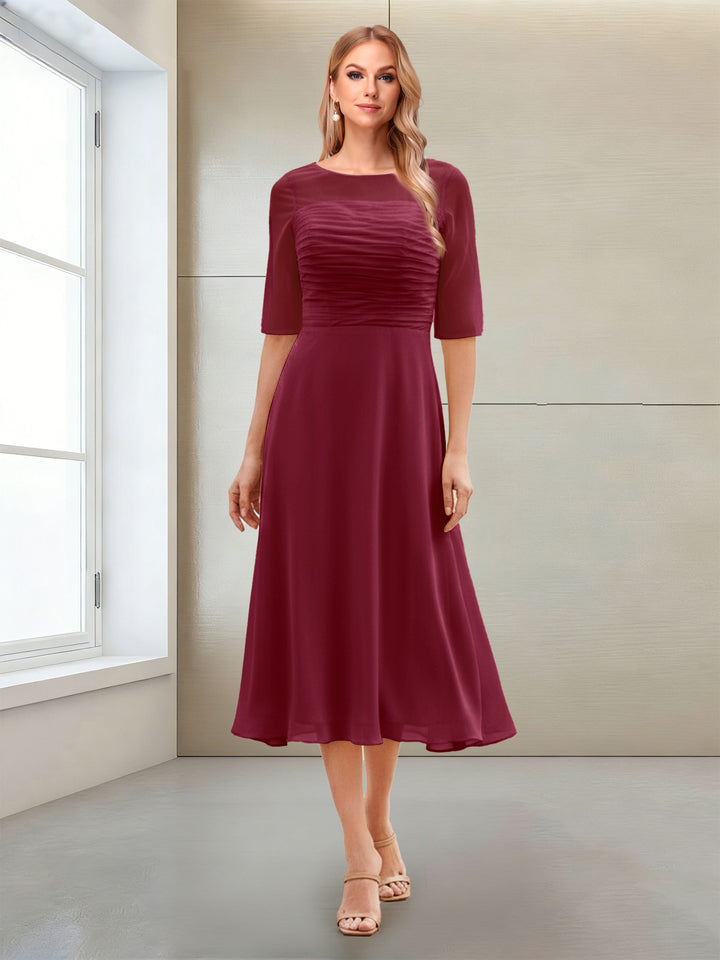 A-Line/Princess Scoop Half Sleeves Tea-Length Mother of the Bride Dresses with Ruched
