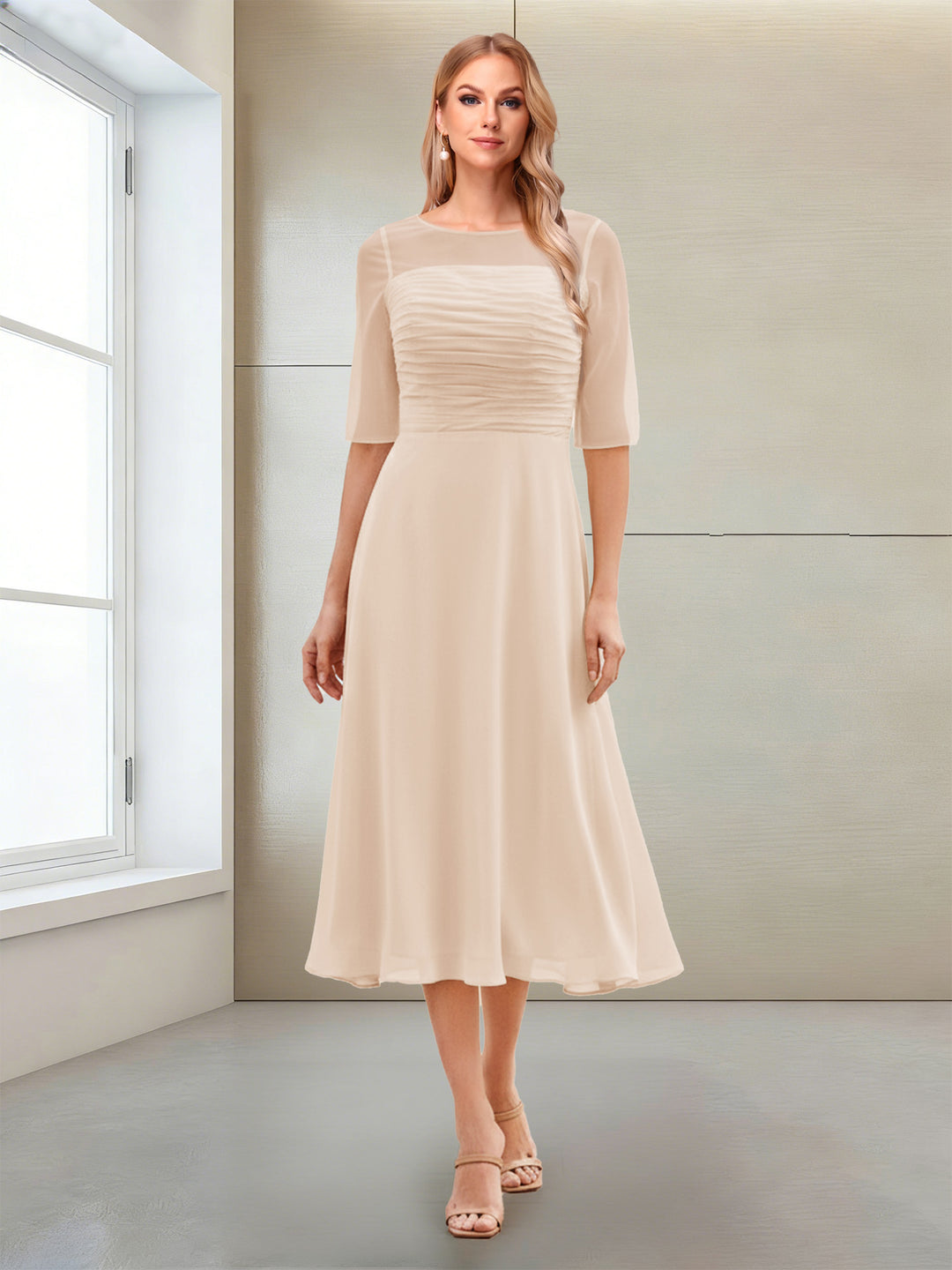 A-Line/Princess Scoop Half Sleeves Tea-Length Mother of the Bride Dresses with Ruched