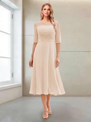 A-Line/Princess Scoop Half Sleeves Tea-Length Mother of the Bride Dresses with Ruched