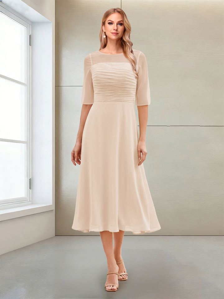 A-Line/Princess Scoop Half Sleeves Tea-Length Mother of the Bride Dresses with Ruched