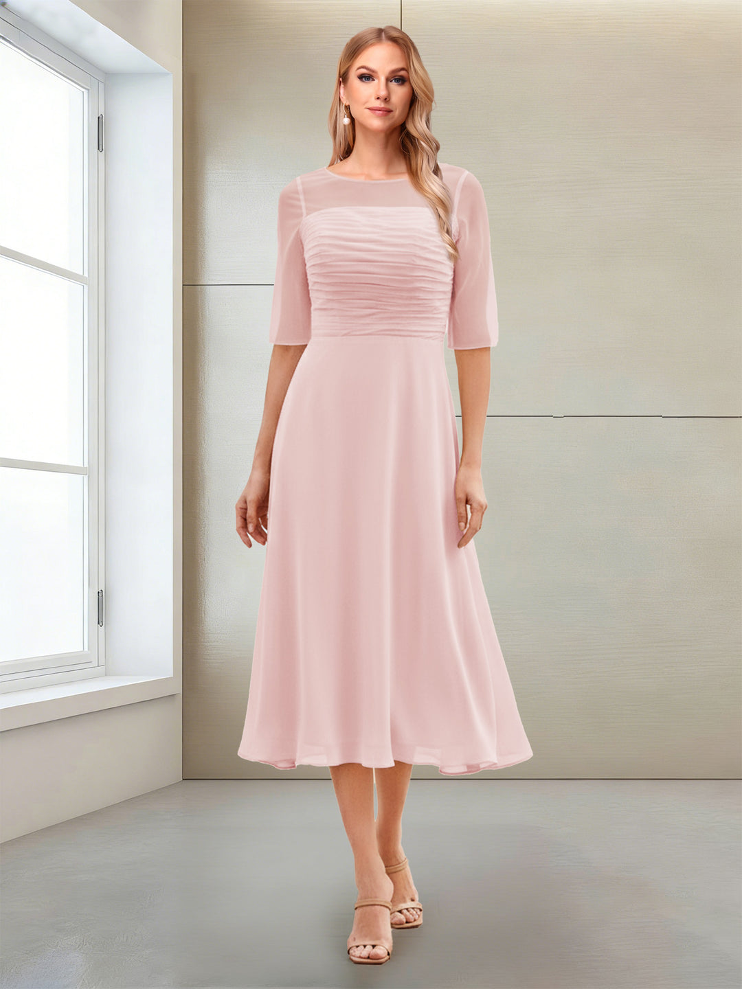 A-Line/Princess Scoop Half Sleeves Tea-Length Mother of the Bride Dresses with Ruched