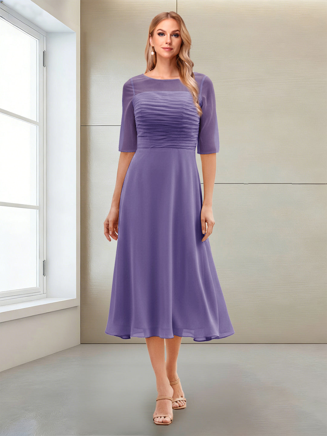 A-Line/Princess Scoop Half Sleeves Tea-Length Mother of the Bride Dresses with Ruched