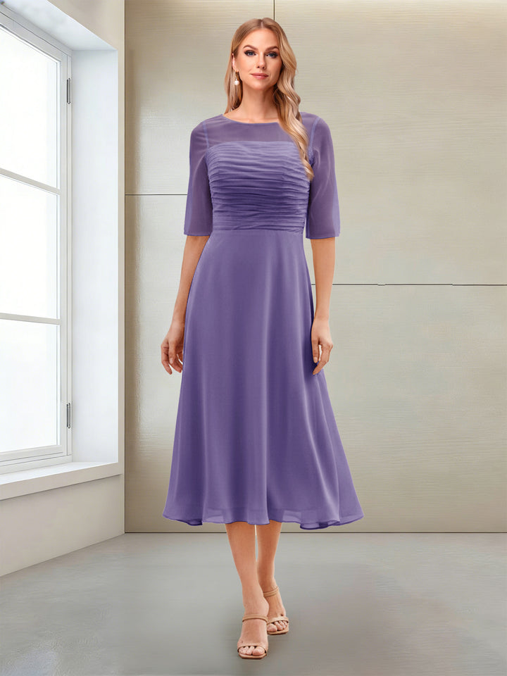 A-Line/Princess Scoop Half Sleeves Tea-Length Mother of the Bride Dresses with Ruched