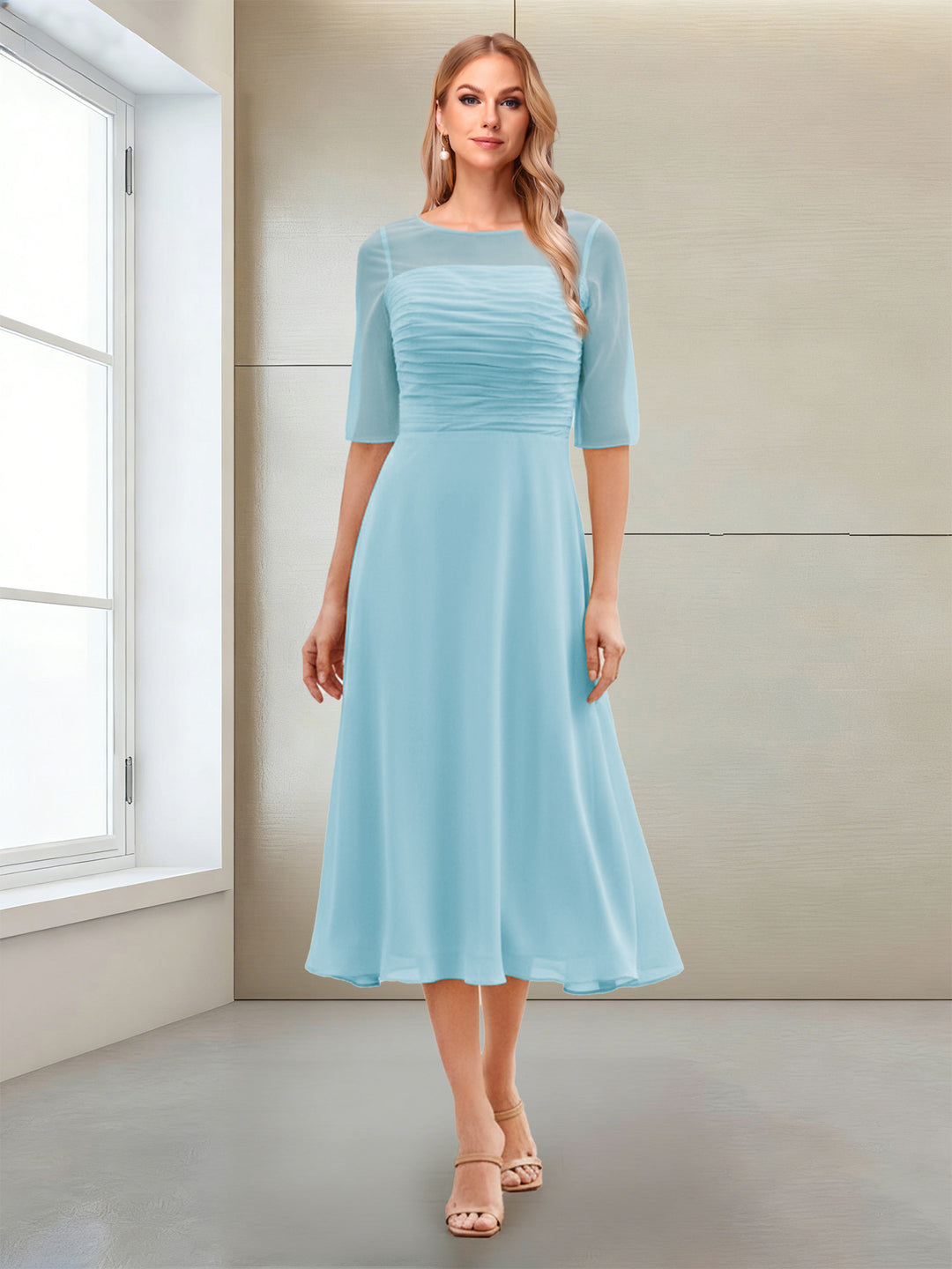 A-Line/Princess Scoop Half Sleeves Tea-Length Mother of the Bride Dresses with Ruched