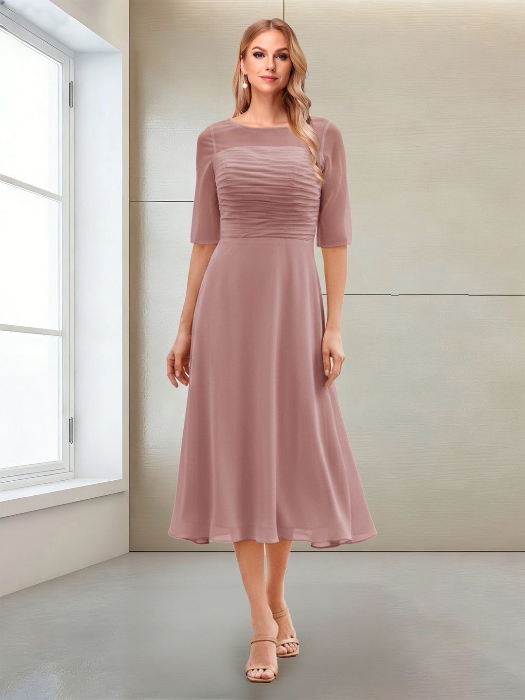 A-Line/Princess Scoop Half Sleeves Tea-Length Mother of the Bride Dresses with Ruched