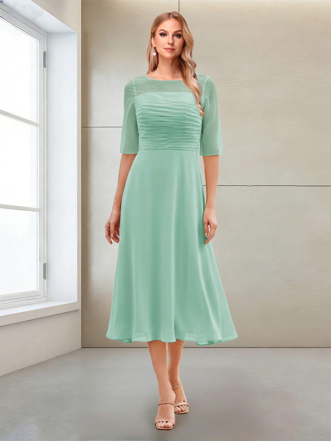 A-Line/Princess Scoop Half Sleeves Tea-Length Mother of the Bride Dresses with Ruched