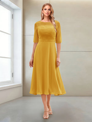 A-Line/Princess Scoop Half Sleeves Tea-Length Mother of the Bride Dresses with Ruched