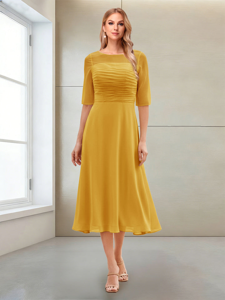 A-Line/Princess Scoop Half Sleeves Tea-Length Mother of the Bride Dresses with Ruched