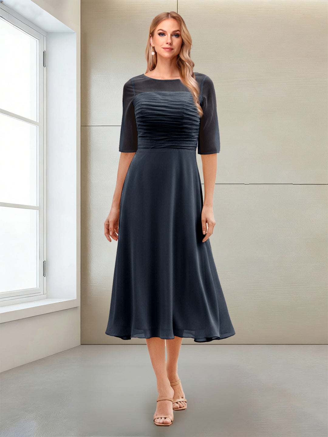 A-Line/Princess Scoop Half Sleeves Tea-Length Mother of the Bride Dresses with Ruched
