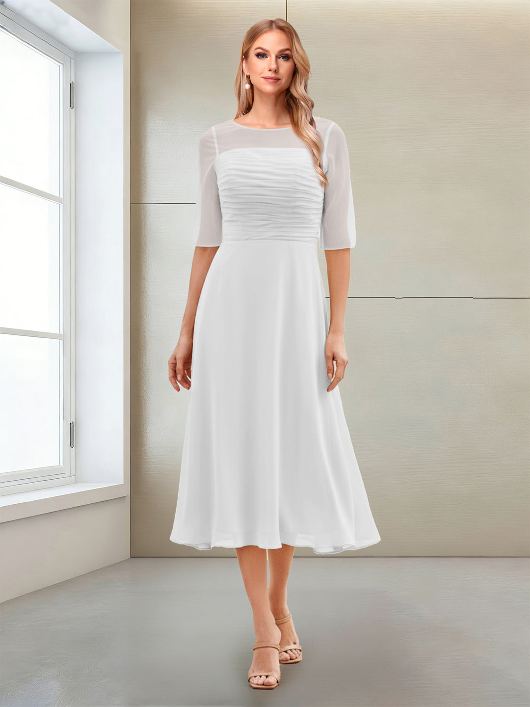 A-Line/Princess Scoop Half Sleeves Tea-Length Mother of the Bride Dresses with Ruched