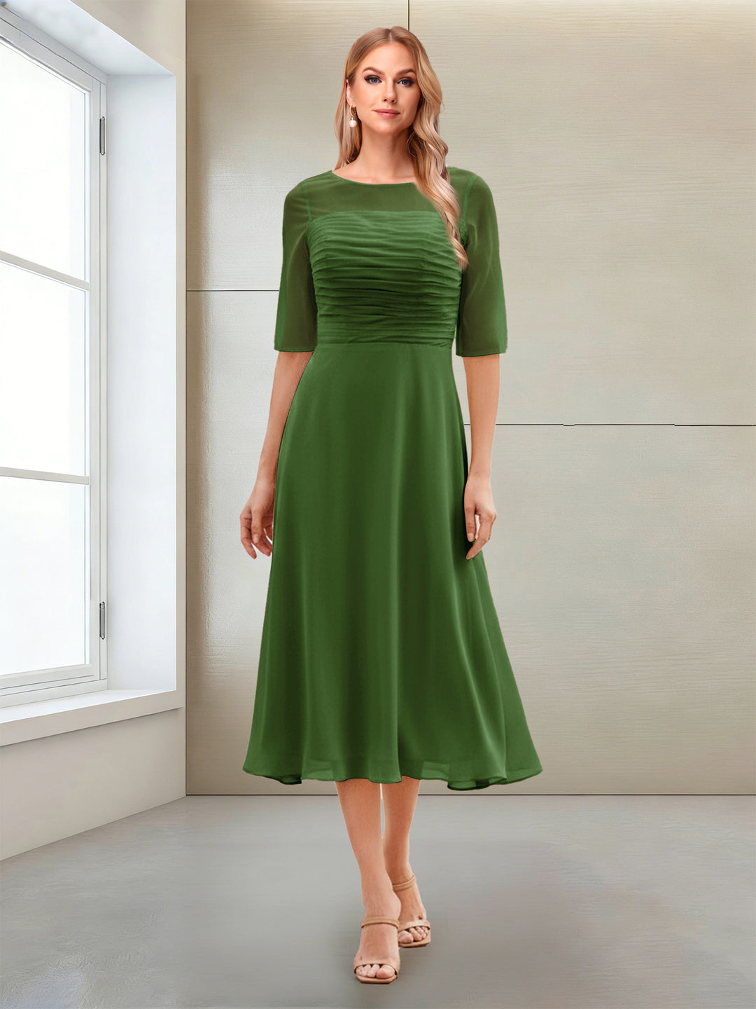 A-Line/Princess Scoop Half Sleeves Tea-Length Mother of the Bride Dresses with Ruched